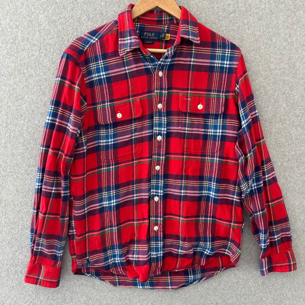 Polo Ralph Lauren Flannel Shirt Mens Medium Red Plaid Classic Fit Cotton L/S